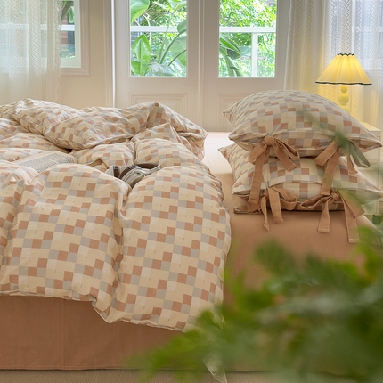 2024秋冬新款系带格子双层纱四件套 格调  咖