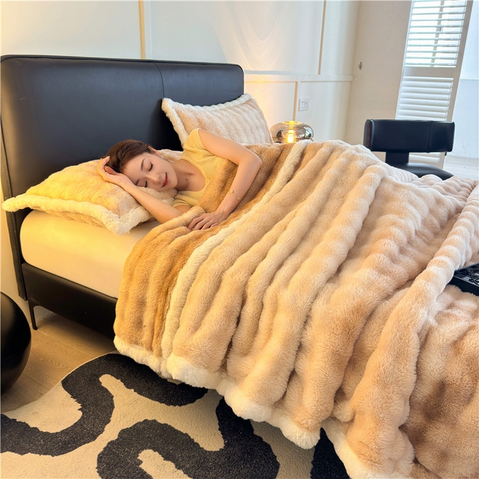 91家纺网 家纺一手货源 找家纺 喜居 2024新款大泡泡双面兔毛毛毯 科伦娜兔毛绒-炫彩咖