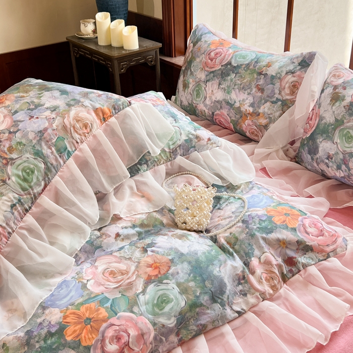 91家纺网 家纺一手货源 找家纺 易辰美 2024新款数码大版印花鹿锦棉牛奶绒花边四件套 四季花园