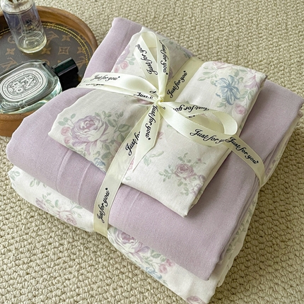 一比一家纺 2025新款全棉母婴级抗菌有氧全棉双层纱亲肤全棉小清新印花三件套四件套 婆娑