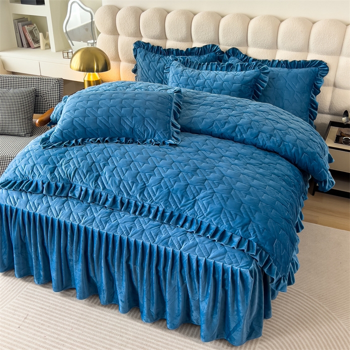 91家纺网 家纺一手货源 找家纺 屹成家纺 2024新款水晶绒夹棉绗缝千鸟格四件套 千鸟格-蔚蓝