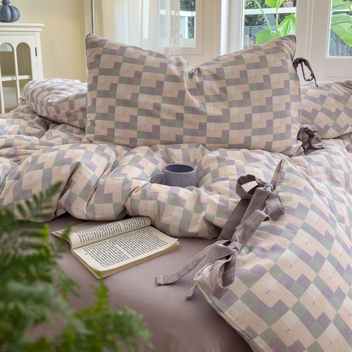 91家纺网 家纺一手货源 找家纺 2024秋冬新款系带格子双层纱四件套 格调 紫