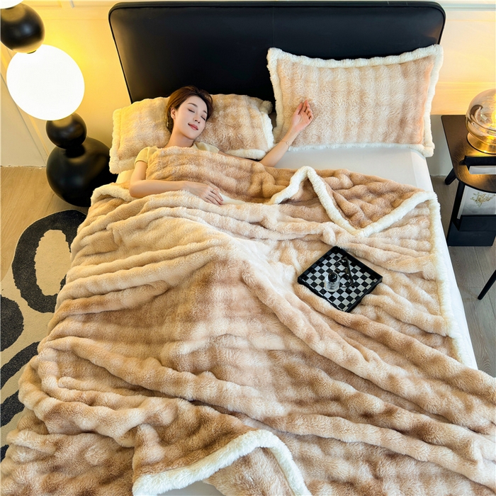 91家纺网 家纺一手货源 找家纺 喜居 2024新款大泡泡双面兔毛毛毯 科伦娜兔毛绒-炫彩咖