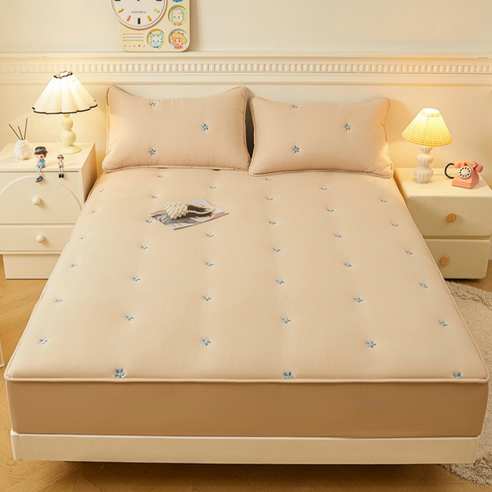 91家纺网 家纺一手货源 找家纺 2025新款A类水洗棉大豆刺绣床笠 向阳花-经典驼