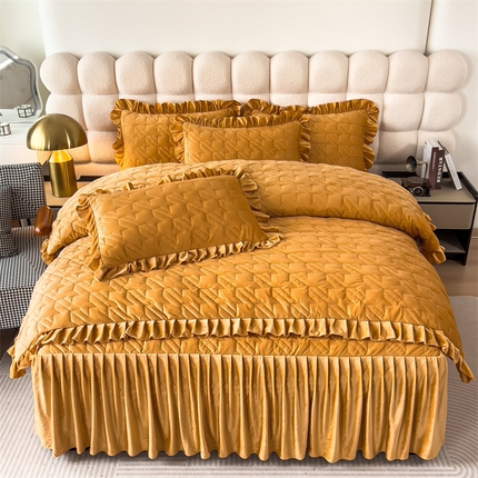 91家纺网 家纺一手货源 找家纺 屹成家纺 2024新款水晶绒夹棉绗缝千鸟格四件套 千鸟格-金驼