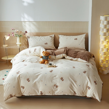 怡家居 2024秋冬新品AB版加厚保暖全棉加绒四件套 玩具熊乐园