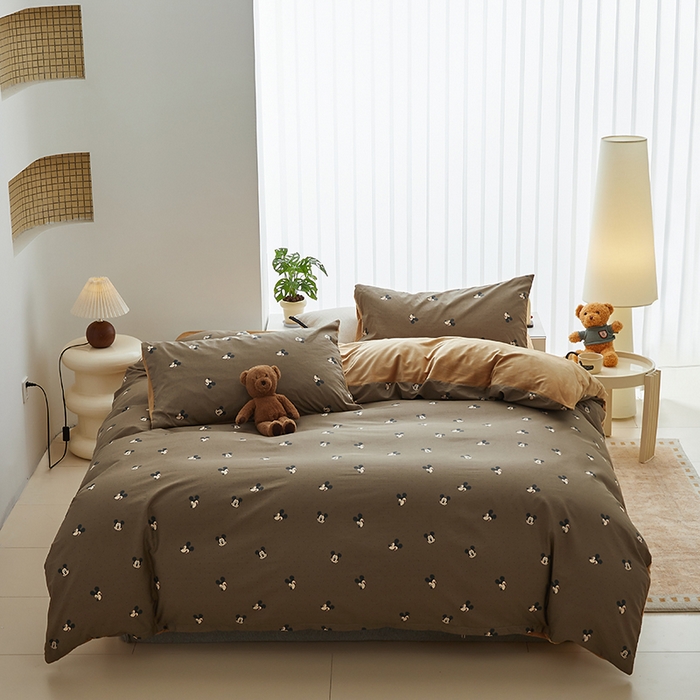 91家纺网 家纺一手货源 找家纺 怡家居 2024秋冬新品AB版加厚保暖全棉加绒四件套 咖色米奇