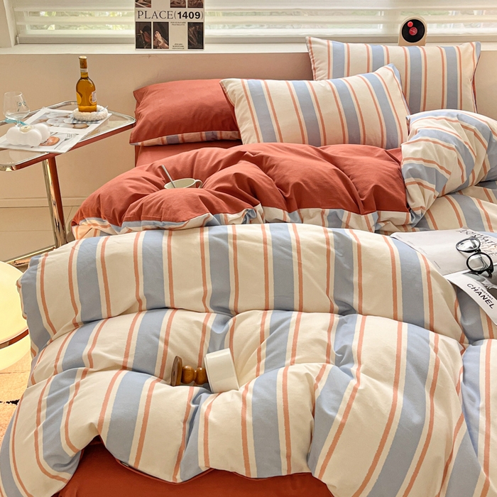 91家纺网 家纺一手货源 找家纺 吉象家纺 2024新款全棉磨毛印花四件套 幻珊蓝条