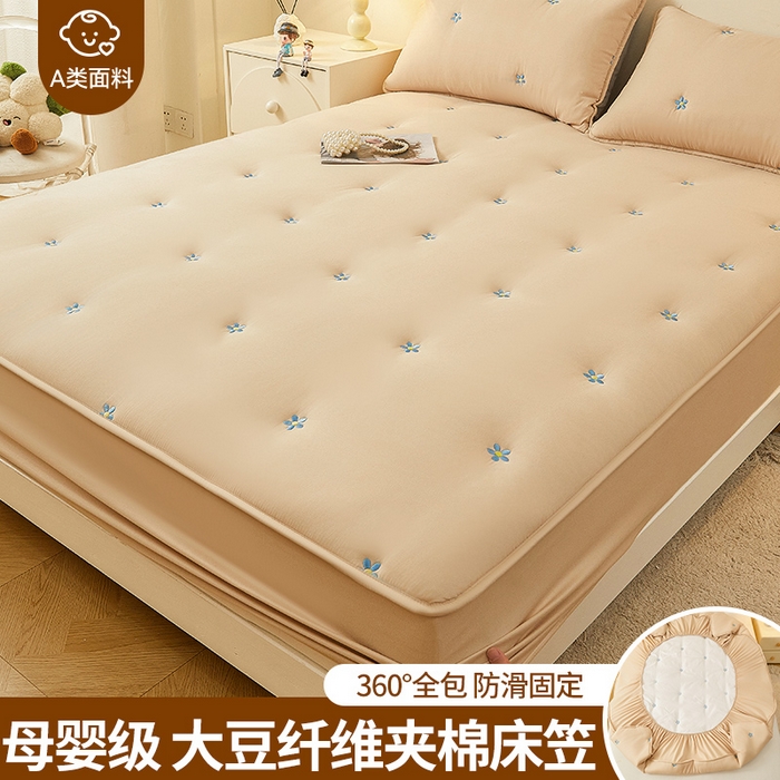 91家纺网 家纺一手货源 找家纺 2025新款A类水洗棉大豆刺绣床笠 向阳花-经典驼