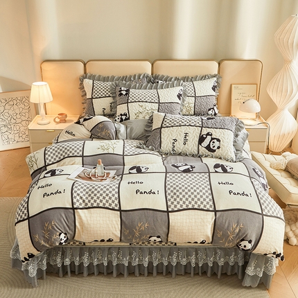 艾裙海 2025新款高克重加厚保暖A类牛奶绒夹棉床盖系列四件套 熊猫皮皮