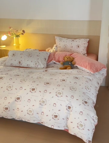 91家纺网 家纺一手货源 找家纺 怡家居 2024秋冬新品AB版加厚保暖全棉加绒四件套 小熊花花