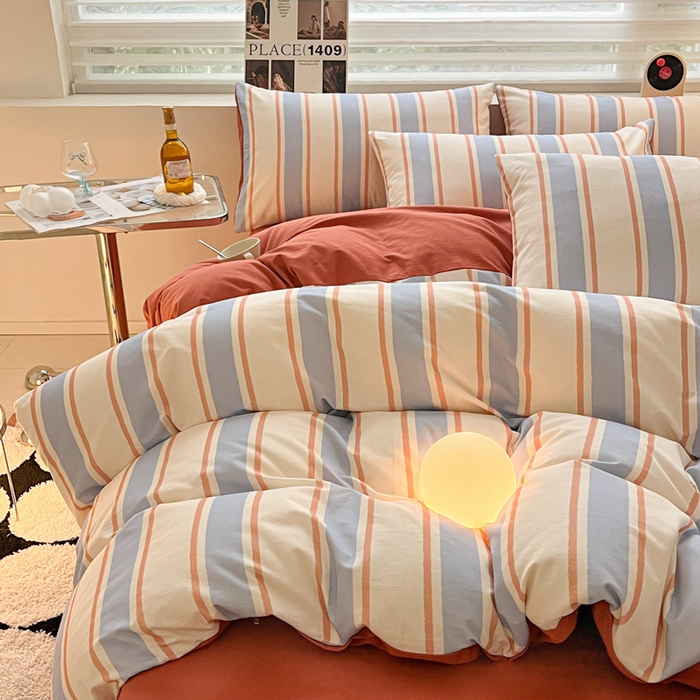 91家纺网 家纺一手货源 找家纺 吉象家纺 2024新款全棉磨毛印花四件套 幻珊蓝条