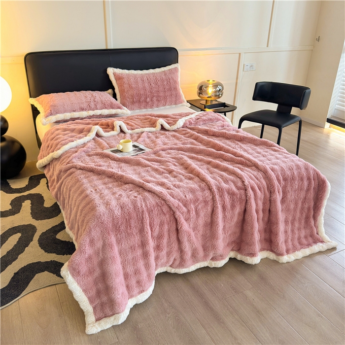 91家纺网 家纺一手货源 找家纺 喜居 2024新款大泡泡双面兔毛毛毯 科伦娜兔毛绒-豆沙