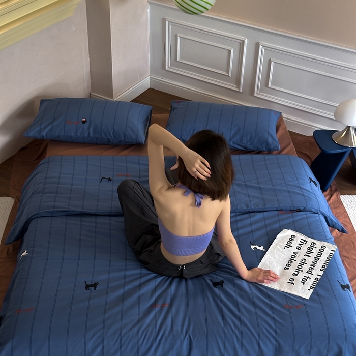 91家纺网 家纺一手货源 找家纺 棉眠 2024秋冬全棉活性32支加厚磨毛四件套 蓝猫