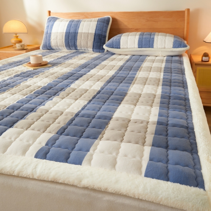 91家纺网 家纺一手货源 找家纺 鑫钰 2024秋冬新款加厚牛奶绒床垫床褥床护垫 暖格-蓝大格