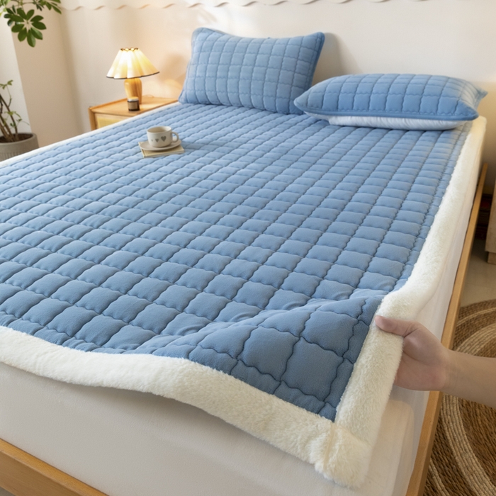 91家纺网 家纺一手货源 找家纺 鑫钰 2024秋冬新款加厚牛奶绒床垫床褥床护垫 暖格-湖蓝
