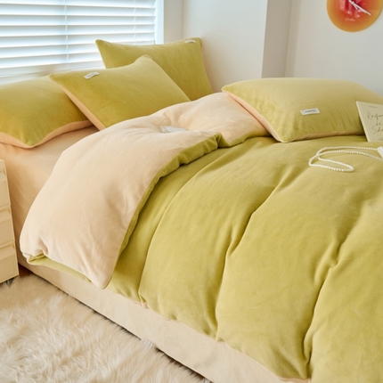 晨曦家纺 2024新款ins简约风牛奶绒双拼单被套 香柠果绿黄