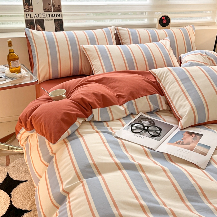 91家纺网 家纺一手货源 找家纺 吉象家纺 2024新款全棉磨毛印花四件套 幻珊蓝条