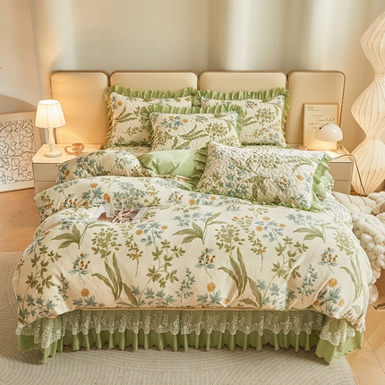 艾裙海 2025新款高克重加厚保暖A类牛奶绒夹棉床盖系列四件套 花香叶柔