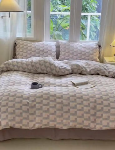 91家纺网 家纺一手货源 找家纺 2024秋冬新款系带格子双层纱四件套 格调 紫