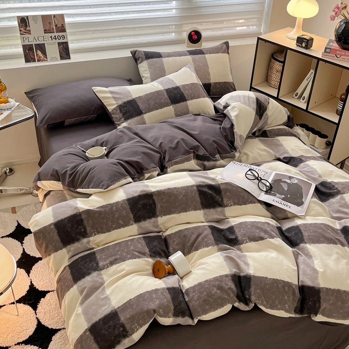 91家纺网 家纺一手货源 找家纺 吉象家纺 2024新款全棉磨毛印花四件套 灰大格