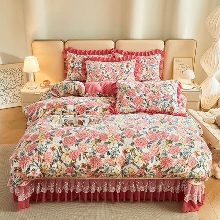 艾裙海 2025新款高克重加厚保暖A类牛奶绒夹棉床盖系列四件套 爱的花海