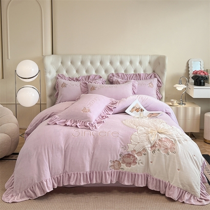 爱家（原缔乐家纺） 2024新款A类高克重牛奶绒立体花刺绣四件套-心心相印 心心相印-梦幻紫