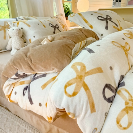 富之航家纺 2024小清新四件套被套牛奶绒四件套法莱绒水晶绒法兰绒兔毛绒兔绒金貂绒雕花绒 蝴蝶结-黄