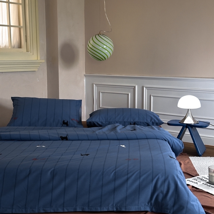 91家纺网 家纺一手货源 找家纺 棉眠 2024秋冬全棉活性32支加厚磨毛四件套 蓝猫