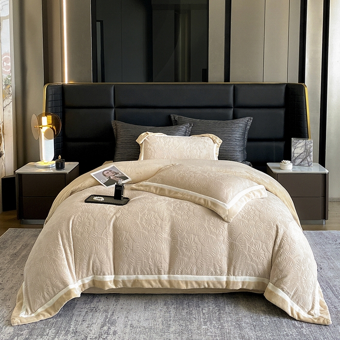 91家纺网 家纺一手货源 找家纺 2025新款秋冬AB版250克全消光立体雕花烂花牛奶绒双拼角四件套-璀璨烟花 璀璨烟花-卡其色