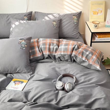 优悦生活馆 2025新款全棉亲肤刺绣成人款四件套-小熊 小熊-深灰