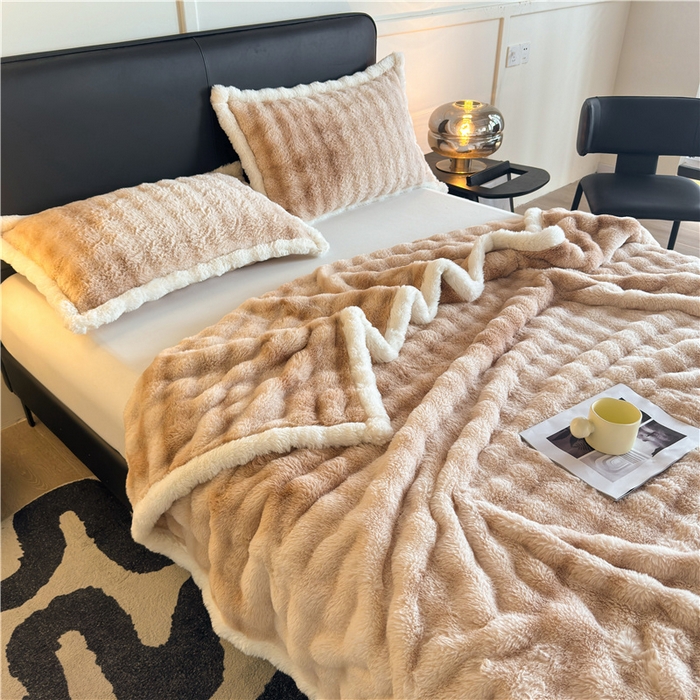 91家纺网 家纺一手货源 找家纺 喜居 2024新款大泡泡双面兔毛毛毯 科伦娜兔毛绒-炫彩咖
