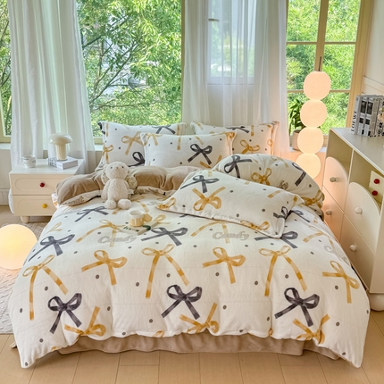 91家纺网 家纺一手货源 找家纺 富之航家纺 2024小清新四件套被套牛奶绒四件套法莱绒水晶绒法兰绒兔毛绒兔绒金貂绒雕花绒 蝴蝶结-黄