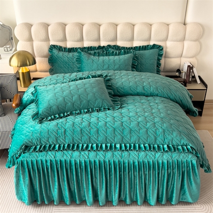 91家纺网 家纺一手货源 找家纺 屹成家纺 2024新款水晶绒夹棉绗缝千鸟格四件套 千鸟格-翡翠绿