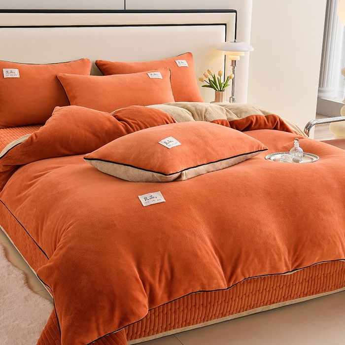 91家纺网 家纺一手货源 找家纺 大麦家纺 2024新款高克重牛奶绒夹棉床盖四件套 暖橙+奶咖