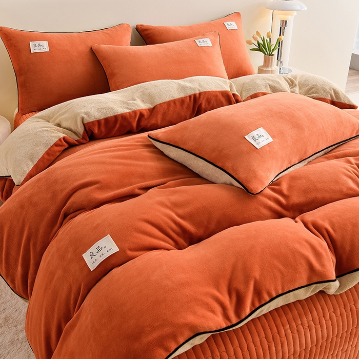 91家纺网 家纺一手货源 找家纺 大麦家纺 2024新款高克重牛奶绒夹棉床盖四件套 暖橙+奶咖