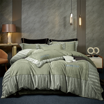 91家纺网 家纺一手货源 找家纺 2024新款高克重牛奶绒刺绣四件套-巴黎印象 巴黎印象-砂绿