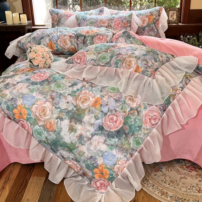 91家纺网 家纺一手货源 找家纺 易辰美 2024新款数码大版印花鹿锦棉牛奶绒花边四件套 四季花园