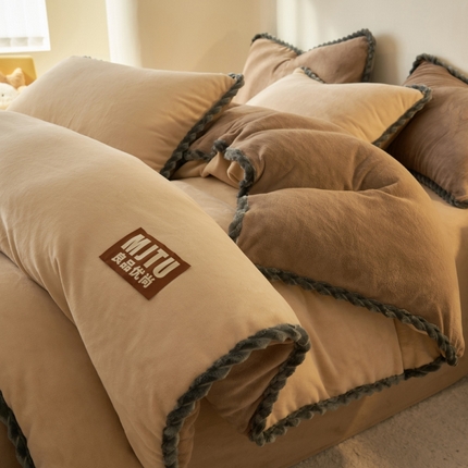 晨曦家纺 2024新款日系简约小包边牛奶绒单被套 简约-双拼咖色