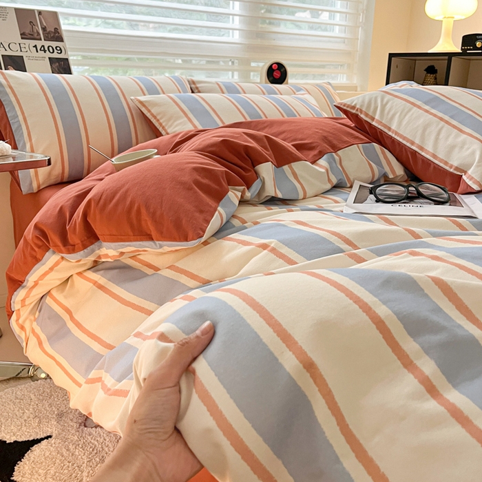 91家纺网 家纺一手货源 找家纺 吉象家纺 2024新款全棉磨毛印花四件套 幻珊蓝条