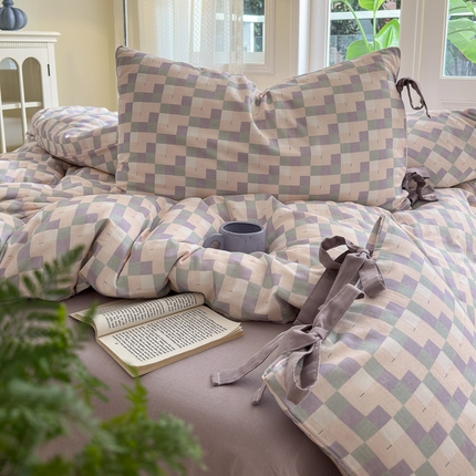 91家纺网 家纺一手货源 找家纺 （总）2024秋冬新款系带格子双层纱四件套