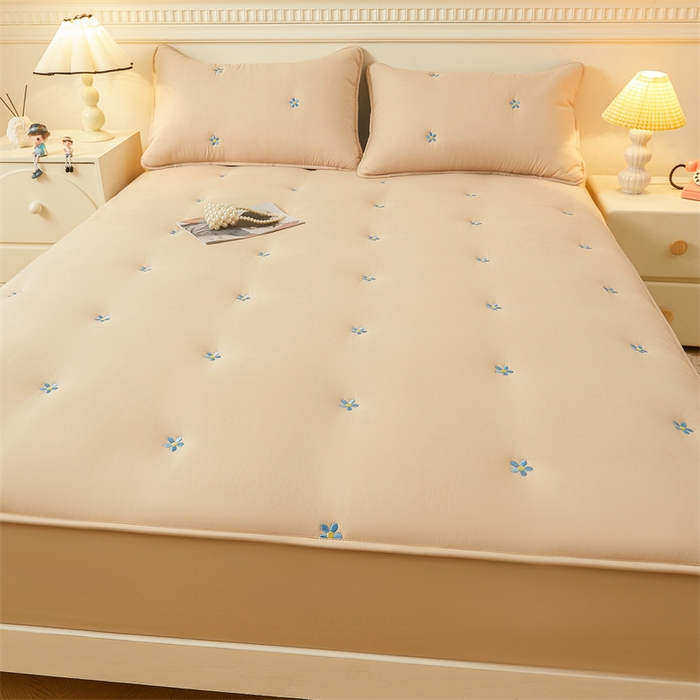 91家纺网 家纺一手货源 找家纺 2025新款A类水洗棉大豆刺绣床笠 向阳花-经典驼