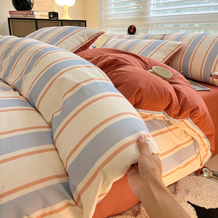 91家纺网 家纺一手货源 找家纺 吉象家纺 2024新款全棉磨毛印花四件套 幻珊蓝条