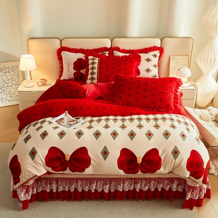 91家纺网 家纺一手货源 找家纺 艾裙海 2025新款高克重加厚保暖A类牛奶绒夹棉床盖系列四件套 蝴蝶结-红