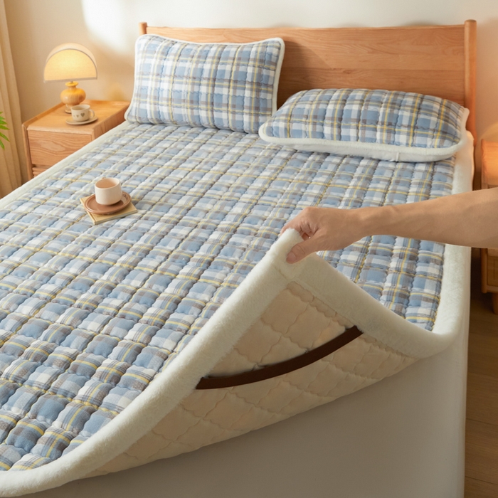 91家纺网 家纺一手货源 找家纺 鑫钰 2024秋冬新款加厚牛奶绒床垫床褥床护垫 暖格-简希蓝