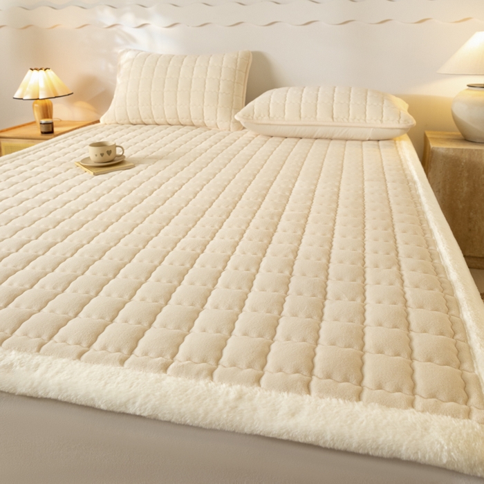 91家纺网 家纺一手货源 找家纺 鑫钰 2024秋冬新款加厚牛奶绒床垫床褥床护垫 暖格-米白