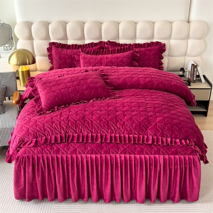 屹成家纺 2024新款水晶绒夹棉绗缝千鸟格四件套 千鸟格-酒红