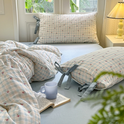 91家纺网 家纺一手货源 找家纺 （总）2024秋冬新款系带格子双层纱四件套