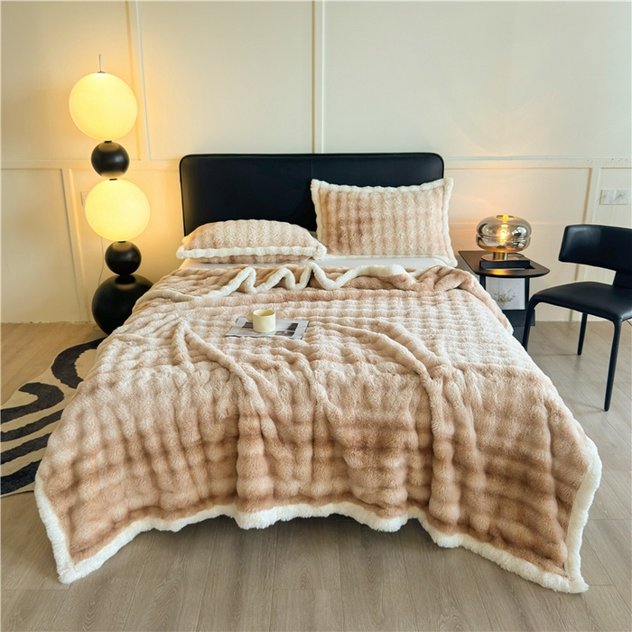 91家纺网 家纺一手货源 找家纺 喜居 2024新款大泡泡双面兔毛毛毯 科伦娜兔毛绒-炫彩咖