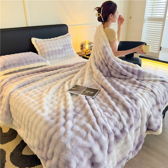 91家纺网 家纺一手货源 找家纺 喜居 2024新款大泡泡双面兔毛毛毯 科伦娜兔毛绒-炫彩紫